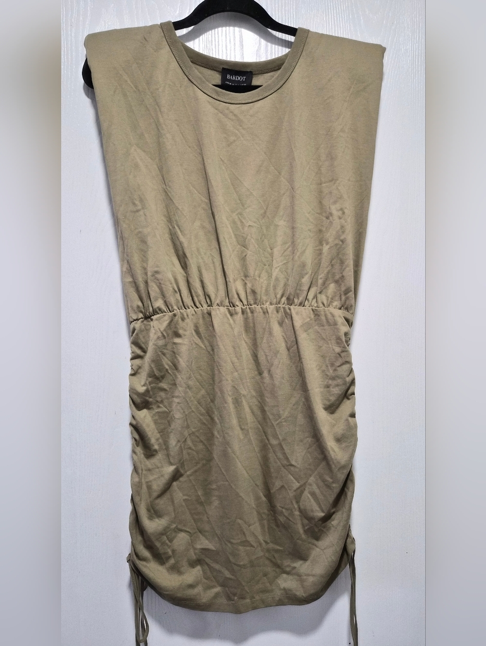 Nwt Bardot Toni Olive Green Shoulder Pad Mini Dress Ruched Sides Size M - Picture 2 of 8